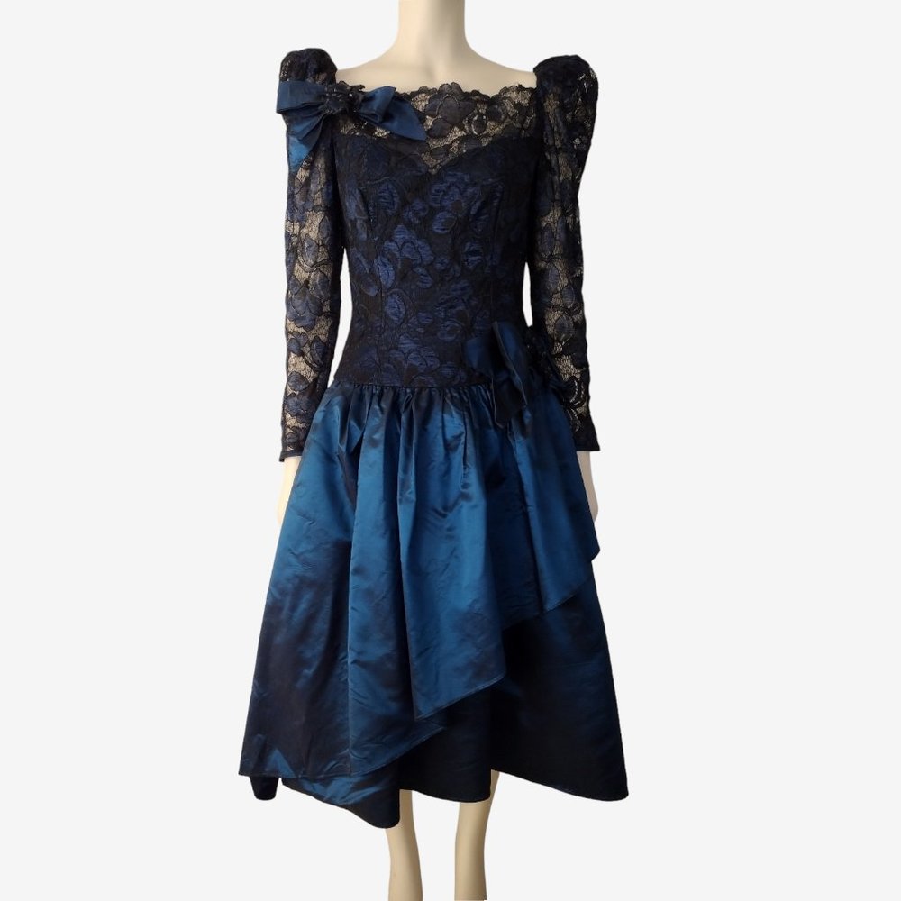 Vintage 1980s Black and Black Taffeta & Lace Drop Waist Fit & Flare Dress